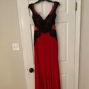 Red with Black Beading Form Fitting Formal Gown